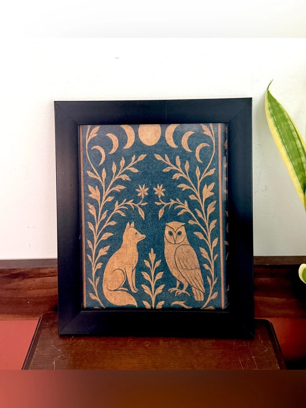 Moon Phases Fox Owl Forest Botanical Canvas Art Print Black Framed Wall Hang Art